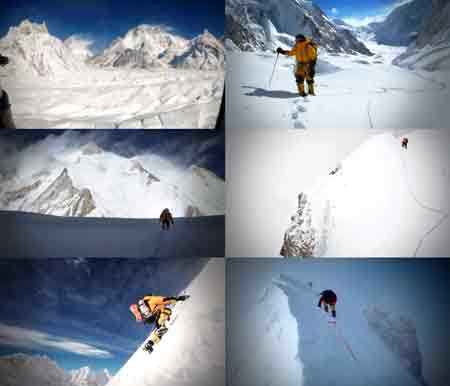 
UL: Military Helicopter Passes K2 And Broad Peak. UR: Denis Urubko On Gasherbrum Glacier. ML: Denis Urubko On Gasherbrum Glacier with Gasherbrum II Ahead. MR: Denis Urubko Climbing To Camp II. LL: Denis Urubko Climbing To Camp III. LR: Denis Urubko Leads Last Few Steps To Summit With Simone Moro Below on February 2, 2011. - Gasherbrum II Corey Richards Video
